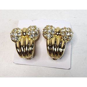 ESTATE Vintage JOAN RIVERS Gold BOW & Crystal Clear RHINESTONES Clips EARRINGS